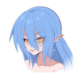 Rule 34 | 1girl, blue hair, blush, bombergirl, collarbone, commentary request, cropped torso, eyes visible through hair, fangs, hair between eyes, hair down, lewisia aquablue, long bangs, long hair, looking at viewer, open mouth, pointy ears, shiro beer, simple background, slit pupils, smile, solo, white background, yellow eyes