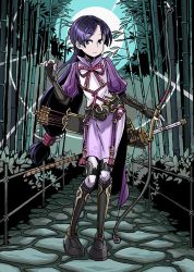 Rule 34 | 1girl, alternate breast size, arrow (projectile), bamboo, bamboo forest, black hair, bow, bow (weapon), commentary, fate/grand order, fate (series), forest, full moon, holding, holding bow (weapon), holding weapon, katana, long hair, low-tied long hair, minamoto no raikou (fate), moon, nature, quiver, sixten, sword, weapon, aged down