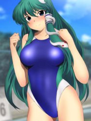 Rule 34 | 1girl, alternate costume, bare legs, blue eyes, blue sky, blue one-piece swimsuit, blurry, blurry background, blush, breasts, clenched hands, closed mouth, cloud, cloudy sky, commentary, competition swimsuit, cowboy shot, day, embarrassed, frog hair ornament, green hair, hair between eyes, hair ornament, hair tubes, kochiya sanae, long hair, looking at viewer, medium breasts, one-piece swimsuit, outdoors, sidelocks, skin tight, sky, snake hair ornament, solo, standing, sweat, swimsuit, thighs, touhou, yadokari genpachirou