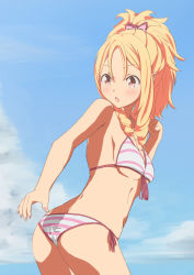 Rule 34 | 10s, 1girl, ass, bad id, bad pixiv id, bikini, blonde hair, blue sky, blush, bow, breasts, brown eyes, contrapposto, cowboy shot, day, drill hair, eromanga sensei, front-tie bikini top, front-tie top, hair bow, highres, looking down, medium breasts, open mouth, outdoors, pointy ears, ponytail, ringlets, side-tie bikini bottom, sideboob, sky, solo, sonri, standing, striped bikini, striped clothes, swimsuit, twin drills, twisted torso, underboob, yamada elf