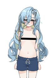 Rule 34 | 1girl, 37 (reverse:1999), aqua eyes, arms at sides, bar censor, blue hair, blush, censored, collarbone, flat chest, hair between eyes, heart, highres, kkoma, korean commentary, light smile, long hair, looking at viewer, male swimwear challenge, navel, parted lips, reverse:1999, simple background, solo, very long hair, white background