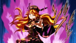 Rule 34 | 1girl, breasts, chinese clothes, commentary, crazy smile, energy, floating hair, junko (touhou), large breasts, long hair, long sleeves, looking at viewer, menacing (jojo), orange hair, outstretched arm, phoenix crown, red eyes, ribbon, shundou heishirou, smile, solo, tabard, tassel, touhou, upper body, wide sleeves, yellow neckwear, yellow ribbon