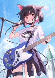Rule 34 | 1girl, animal ears, black choker, black hair, blue archive, cat ears, choker, clothes around waist, colored inner hair, cowboy shot, day, electric guitar, extra ears, fingernails, grin, guitar, hair ornament, hairclip, highres, instrument, itaba atsushi, jacket, jacket around waist, kazusa (blue archive), looking at viewer, microphone stand, multicolored hair, official alternate costume, outdoors, pink hair, pleated skirt, red eyes, shirt, short hair, short sleeves, skirt, smile, solo, white shirt, white skirt