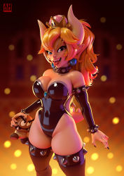 Rule 34 | 1girl, andrew hickinbottom, armlet, bare shoulders, black legwear, black leotard, black nails, blonde hair, blue eyes, bowsette, bracelet, breasts, cleavage, collar, covered navel, cowboy shot, crown, detached sleeves, earrings, fingernails, fire, genderswap, genderswap (mtf), goomba, horns, jewelry, large breasts, latex, leotard, long hair, looking at viewer, mario (series), monster girl, nail polish, new super mario bros. u deluxe, nintendo, open mouth, pointy ears, ponytail, sharp fingernails, solo, spiked armlet, spiked bracelet, spiked collar, spikes, super crown, teeth, thick eyebrows, thick thighs, thighs, tongue, tongue out