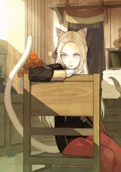 Rule 34 | 1girl, animal ear fluff, animal ears, arm rest, black jacket, book, book stack, cat ears, cat girl, cat tail, chair, commentary, desk, drawer, edelgard von hresvelg, feet out of frame, fire emblem, fire emblem: three houses, flower, gloves, hair ribbon, half updo, highres, indoors, jacket, kemonomimi mode, light rays, long hair, looking to the side, mouse (animal), mueririko, nintendo, on chair, pantyhose, plant, potted plant, purple eyes, quill, red flower, red pantyhose, ribbon, shelf, silver hair, sitting, solo, stuffed animal, stuffed toy, sunbeam, sunlight, tail, teddy bear, white gloves, wooden floor, wooden wall