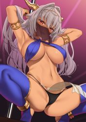 Rule 34 | 1girl, armlet, arms behind head, arms up, bikini, black bikini, blue bikini, blue thighhighs, blush, breasts, cameltoe, commentary request, criss-cross halter, dark-skinned female, dark skin, enjo kouhai, grey hair, hair between eyes, hair intakes, halterneck, highres, horns, large breasts, looking at viewer, mismatched bikini, mouth veil, navel, one eye closed, open mouth, pelvic curtain, pole, pole dancing, red eyes, solo, spread legs, squatting, stirrup legwear, stomach, stripper pole, swimsuit, takunomi, teeth, thighhighs, toeless legwear, upper teeth only, ursula (takunomi), veil