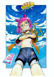 Rule 34 | 1girl, 2021, aircraft, animal, animal on shoulder, aqua eyes, black shorts, blue sky, blush, border, borrowed character, character name, choker, cloud, cloudy sky, confetti, cowboy shot, crossed arms, day, dirigible, double bun, earrings, feet out of frame, from below, glasses, hair bun, highres, jewelry, lizard, looking at viewer, lulu (luulubuu), midriff, munakata (sekimizu kazuki), navel, open clothes, open shirt, original, outside border, parted lips, pink hair, short hair, shorts, signature, sky, smile, solo, white border