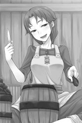 Rule 34 | 1girl, :d, apron, ayakura juu, food, greyscale, head tilt, helena (spice and wolf), holding, holding knife, knife, long hair, monochrome, novel illustration, official art, open mouth, ponytail, sitting, smile, solo, spice and wolf