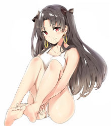 Rule 34 | 1girl, bare legs, barefoot, black bow, black hair, blush, bow, closed mouth, collarbone, earrings, fate/grand order, fate (series), feet, hair bow, highres, hoop earrings, ishtar (fate), jewelry, knees up, legs, legs together, long hair, looking at viewer, one-piece swimsuit, parted bangs, red eyes, silver (chenwen), simple background, sitting, smile, soles, solo, swimsuit, thighs, toes, tohsaka rin, two side up, white background, white one-piece swimsuit