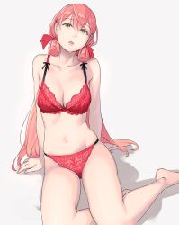 Rule 34 | 1girl, akashi (kancolle), bare arms, bare legs, bare shoulders, barefoot, bra, breasts, cleavage, collarbone, green eyes, hair between eyes, hair ribbon, highres, kantai collection, long hair, medium breasts, navel, panties, pink hair, red bra, red panties, red ribbon, ribbon, simple background, solo, tress ribbon, underwear, underwear only, white background, yuuji (and)
