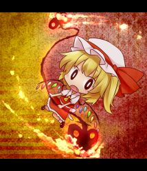 Rule 34 | 1girl, ascot, blonde hair, chibi, dress, fang, female focus, flandre scarlet, hat, highres, letterboxed, mary janes, red dress, shoes, side ponytail, solo, embodiment of scarlet devil, touhou, vampire, wings, yamabuki (yusuraume)