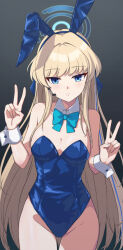 Rule 34 | 1girl, animal ears, aqua bow, aqua bowtie, blonde hair, blue archive, blue eyes, blue hairband, blue halo, blue leotard, bow, bowtie, breasts, cleavage, closed mouth, commentary, cowboy shot, detached collar, double v, earpiece, expressionless, fake animal ears, gradient background, groin, hairband, halo, highleg, highleg leotard, kelinch1, leotard, long hair, looking at viewer, multicolored hair, playboy bunny, rabbit ears, sidelocks, small breasts, solo, strapless, strapless leotard, streaked hair, thigh gap, toki (blue archive), toki (bunny) (blue archive), tsurime, v, white wrist cuffs, wrist cuffs
