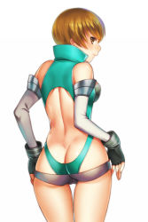 Rule 34 | 1girl, alternate costume, ass, back, backless outfit, brown hair, butt crack, detached sleeves, high-cut armor (persona), looking at viewer, looking back, persona, persona 4, persona 4 the golden, satonaka chie, seiru (prairie), solo