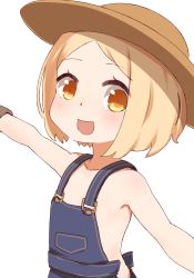 Rule 34 | 1girl, :d, bare shoulders, blonde hair, blush, brown eyes, brown gloves, brown hat, collarbone, fate/grand order, fate (series), gloves, hat, i.u.y, naked overalls, open mouth, outstretched arms, overalls, parted bangs, paul bunyan (fate), paul bunyan (third ascension) (fate), short hair, simple background, smile, solo, white background