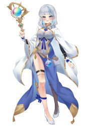 Rule 34 | 1girl, :d, absurdres, bad id, bad pixiv id, blue dress, blush, breasts, bridal gauntlets, cleavage, commentary request, copyright request, dress, full body, grey hair, high heels, highres, holding, holding staff, jacket, long hair, long sleeves, looking at viewer, medium breasts, open mouth, orb, purple eyes, shoes, simple background, smile, solo, staff, thighs, virtual youtuber, white background, white footwear, white jacket, wide sleeves, yoshidadon