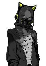 Rule 34 | 1girl, absurdres, animal ear headphones, animal ears, axent wear, breasts, cat ear headphones, cat ears, collarbone, fake animal ears, forehead, gas mask, greyscale, hands in pockets, headphones, highres, hood, hood down, hoodie, long hair, looking at viewer, mask, monochrome, open clothes, open hoodie, original, parted bangs, small breasts, solo, spot color, ume (yume uta da), white background