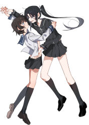 Rule 34 | 2girls, black footwear, black hair, black sailor collar, black shirt, black skirt, black socks, blood, blood on face, blue eyes, blue sailor collar, brown footwear, brown hair, chinese commentary, commentary request, copyright request, dancing, eye contact, full body, hand on another&#039;s shoulder, hand on another&#039;s waist, holding hands, interlocked fingers, kneehighs, loafers, loincloth, looking at another, molu stranger, multiple girls, open clothes, open mouth, open shirt, pleated skirt, ponytail, purple eyes, sailor collar, school uniform, serafuku, shirt, shoes, short hair, simple background, skirt, socks, tearing up, tears, white background, yuri