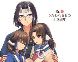 Rule 34 | 1boy, 2girls, age difference, ainu clothes, animal ears, aquaplus, aruruu, black hair, blue eyes, breasts, brown hair, closed eyes, closed mouth, dress, eruruu, family, from side, hair ornament, hair over shoulder, hakuowlo, happy, height difference, long hair, looking at another, looking at viewer, mask, medium hair, multiple girls, parted bangs, raised eyebrows, siblings, sidelocks, sisters, small breasts, smile, translation request, twchewp, twintails, utawarerumono, very long hair