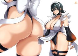 Rule 34 | 1girl, ass, bare shoulders, black eyes, black hair, blush, breasts, cleavage, detached sleeves, from behind, gloves, headdress, highres, huge ass, huge breasts, iroha (samurai spirits), jmg, leotard, maid, maid headdress, maid leotard, multiple views, pelvic curtain, samurai spirits, shiny skin, short hair, sideboob, simple background, smile, thigh strap, thighhighs, thighs, thong, thong leotard, unconventional maid, white background