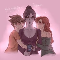 Rule 34 | 3girls, ^ ^, bare shoulders, breasts, brown hair, casual, cleavage, closed eyes, coffee, coffee mug, collarbone, couple, cup, emily (overwatch), english text, closed eyes, freckles, girl sandwich, grin, mug, multiple girls, murasaki-yuri, musical note, nail polish, off shoulder, overwatch, overwatch 1, ponytail, red hair, sandwiched, shirt, short hair, small breasts, smile, spoken musical note, sweater, t-shirt, teeth, tracer (overwatch), widowmaker (overwatch), yuri