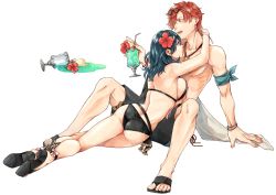 Rule 34 | 1boy, 1girl, ass, bikini, black bikini, black male swimwear, black swim trunks, blue eyes, blue hair, breast press, breasts, byleth (female) (fire emblem), byleth (female) (summer) (fire emblem), byleth (fire emblem), closed mouth, cup, drinking straw, eyewear on head, fire emblem, fire emblem: three houses, fire emblem heroes, flower, glass, hair flower, hair ornament, hibiscus hair ornament, high heels, highres, holding, holding cup, hug, jewelry, large breasts, male swimwear, necklace, nintendo, nishinishihigas, official alternate costume, open mouth, red flower, red hair, sandals, short hair, shorts, sideboob, simple background, sitting, sunglasses, swim trunks, swimsuit, sylvain jose gautier, third-party source, wet, white background