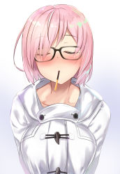 Rule 34 | 1girl, black-framed eyewear, blush, breasts, closed eyes, coat, collarbone, facing viewer, fate/grand order, fate (series), food, food in mouth, glasses, gradient background, hair over one eye, highres, incoming pocky kiss, large breasts, long sleeves, mash kyrielight, mash kyrielight (fgo x lawson), mouth hold, official alternate costume, pink hair, pocky, short hair, solo, untue, upper body, white background, white coat