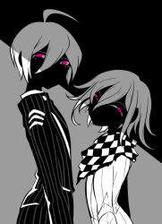 Rule 34 | 2boys, ahoge, checkered clothes, collared jacket, commentary request, danganronpa (series), danganronpa v3: killing harmony, eyelashes, grey background, greyscale, hair between eyes, height difference, jacket, long sleeves, looking at viewer, mako gai, monochrome, multiple boys, no mouth, oma kokichi, pants, pink eyes, pinstripe jacket, pinstripe pants, pinstripe pattern, saihara shuichi, shade, shaded face, short hair, simple background, spot color, vertical-striped sleeves