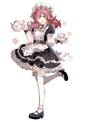 Rule 34 | alternate costume, apron, back bow, black dress, black footwear, bow, bowtie, crossed bangs, cup, dot nose, dress, enmaided, flower, frilled apron, frilled shirt, frilled thighhighs, frills, full body, hair between eyes, hand up, hat, highres, holding, holding saucer, holding teapot, idolmaster, idolmaster shiny colors, komiya kaho, leg up, legs, looking at viewer, maid, maid apron, migolu, mob cap, one eye closed, open mouth, polka dot, polka dot bow, puffy short sleeves, puffy sleeves, red eyes, red hair, ribbon, rose, saucer, shirt, shoes, short sleeves, simple background, smile, solo, star (symbol), teacup, teapot, thighhighs, twintails, white apron, white background, white bow, white bowtie, white hat, white thighhighs, wing collar, wrist cuffs, yellow ribbon