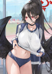 Rule 34 | 1girl, bike shorts, black choker, black hair, black nails, black wings, blue archive, blush, breasts, choker, closed mouth, clothes lift, dema hmw, field, gym uniform, halo, hasumi (blue archive), hasumi (track) (blue archive), highres, jacket, large breasts, long hair, looking down, mole, mole under eye, navel, official alternate costume, outdoors, pinching, ponytail, red eyes, revision, shirt, shirt lift, solo, stomach, sweatdrop, track and field, track jacket, very long hair, wavy mouth, wings