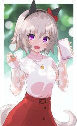 Rule 34 | 1girl, :d, absurdres, animal ears, blurry, blurry background, blush, bow, casual, commentary request, curren chan (umamusume), ear bow, floral print, grey hair, heart pendant, highres, holding, holding phone, horse ears, horse girl, horse tail, jewelry, long sleeves, musicccc, open mouth, pendant, phone, purple eyes, red skirt, see-through, see-through sleeves, short hair, skirt, smile, solo, tail, umamusume, upper body
