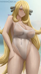 Rule 34 | 1girl, abp art, absurdres, areola slip, bikini, blonde hair, blush, breasts, cleavage, covered navel, cowboy shot, creatures (company), cynthia (pokemon), game freak, gluteal fold, hair ornament, hair over one eye, highres, huge breasts, long hair, looking at viewer, nintendo, one-piece swimsuit, patreon username, pokemon, pokemon dppt, signature, smile, solo, sweat, swimsuit, thighs, very long hair, wet, white bikini, yellow eyes