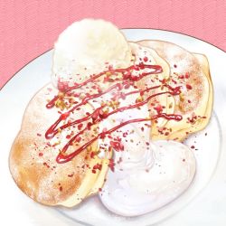 Rule 34 | cream, food, food focus, ice cream, nagare750, no humans, original, pancake, pink background, plate, realistic, simple background, souffle pancake, still life, strawberry syrup, sugar (food), sweets