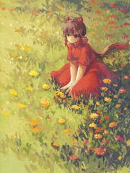 Rule 34 | 1girl, ahoge, between legs, brown hair, commentary, day, dress, flower, ge dazuo, grass, green eyes, hand between legs, highres, horns, long hair, looking at viewer, meadow, on ground, original, outdoors, red dress, red flower, red horns, short sleeves, signature, sitting, solo