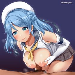 Rule 34 | 1boy, 1girl, blue background, blue eyes, blue hair, blush, breasts, breasts out, darkmaya, double bun, elbow gloves, gloves, grabbing own breast, hat, highres, kantai collection, large breasts, long hair, male pubic hair, neckerchief, nipples, paizuri, penis, pubic hair, school uniform, serafuku, skirt, sleeves rolled up, solo focus, uncensored, urakaze (kancolle), white gloves, white headwear