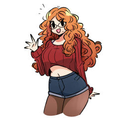 Rule 34 | 1girl, breasts, brown pantyhose, commentary, cropped legs, cropped sweater, curly hair, denim, denim shorts, english commentary, freckles, highres, ida (murgoten), large breasts, long hair, midriff, mole, mole under mouth, murgoten, navel, orange hair, original, pantyhose, red sweater, ribbed sweater, short shorts, shorts, simple background, smile, solid oval eyes, solo, sweater, waving, white background