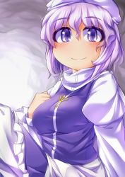 Rule 34 | 1girl, apron, blush, breasts, dress, female focus, fun bo, hat, juliet sleeves, large breasts, letty whiterock, long sleeves, looking at viewer, puffy sleeves, purple dress, purple eyes, purple hair, shirt, smile, solo, touhou, waist apron