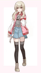 Rule 34 | 1girl, absurdres, azusawa kohane, belt, black thighhighs, blonde hair, blue skirt, brown eyes, collar, denim, denim skirt, facing viewer, full body, grey shirt, hand up, heart, heart necklace, highres, jacket, jewelry, looking at viewer, low twintails, multicolored clothes, necklace, official alternate hairstyle, pink jacket, project sekai, red jacket, shirt, shoes, simotuki suika, simple background, skirt, sleeve cuffs, smile, sneakers, solo, standing, stepping, striped clothes, striped thighhighs, thighhighs, twintails, white stripes