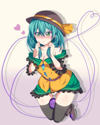 Rule 34 | 1girl, absurdres, bare shoulders, black headband, black thighhighs, blush, breasts, cleavage, closed mouth, collarbone, commentary request, gradient background, green eyes, green hair, green skirt, hand in own hair, hat, hat ribbon, headband, heart, heart of string, highres, komeiji koishi, medium breasts, medium hair, ribbon, rou neko (bbaaa333), shirt, skirt, solo, thighhighs, third eye, touhou, yellow ribbon, yellow shirt
