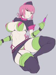 Rule 34 | 1girl, absurdres, bikini, braid, breasts, fate/grand order, fate (series), florence nightingale (fate), florence nightingale (trick or treatment) (fate), full body, gloves, green gloves, green thighhighs, grey background, hat, highres, hometa, large breasts, long hair, looking at viewer, official alternate costume, pink hair, red eyes, shrug (clothing), simple background, single braid, sketch, skirt, swimsuit, syringe, thighhighs