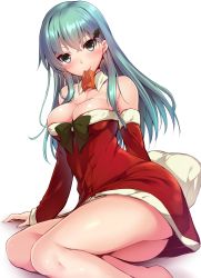 Rule 34 | 10s, 1girl, aqua eyes, aqua hair, arm support, arm warmers, ass, blush, breasts, christmas, christmas tree hair ornament, collarbone, detached collar, dress, hair ornament, highres, kantai collection, looking at viewer, medium breasts, neckerchief, nironiro, on bed, pillow, red dress, simple background, sitting, smile, solo, suzuya (kancolle), white background