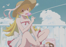 Rule 34 | 1girl, backless dress, backless outfit, bad id, bad pixiv id, bag, bare arms, bare legs, bird, blonde hair, blue sky, cloud, commentary, dress, fangs, food, full body, hat, hat tip, holding, holding food, ice cream, ice cream cone, long hair, looking at viewer, monogatari (series), noinoi no1, noise, open mouth, oshino shinobu, paper bag, railing, ribbon, sandals, short dress, sitting, sky, smile, solo, straw hat, symbol-only commentary, toes, white dress, white ribbon, yellow eyes