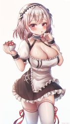 Rule 34 | 1girl, :o, absurdres, anchor symbol, apron, azur lane, bad anatomy, black hairband, breasts, brown dress, cleavage, collar, cup, dress, food, frilled apron, frills, fruit, hairband, highres, himeno ame, holding, holding cup, holding food, large breasts, looking at viewer, metal collar, puffy short sleeves, puffy sleeves, red eyes, red ribbon, ribbon, shiny skin, short hair, short sleeves, simple background, sirius (azur lane), solo, standing, strawberry, thighhighs, two-tone dress, waist apron, white apron, white background, white hair, white thighhighs, zettai ryouiki