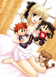 Rule 34 | 1girl, ahoge, artoria pendragon (fate), barefoot, black hair, blonde hair, camisole, capcom, character doll, doll, emiya shirou, fate/stay night, fate/unlimited codes, fate (series), green eyes, lion, long legs, nishisute, open mouth, ponytail, red hair, saber (fate), saber lily, shorts, smile, solo, stuffed toy, tohsaka rin
