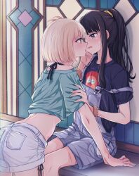 Rule 34 | 2girls, after kiss, arm support, bikini, bikini under clothes, black bikini, black hair, blonde hair, blue nails, blue shirt, blush, bob cut, bracelet, commentary request, cropped shirt, eye contact, futaba (rei-futaba), hand on another&#039;s cheek, hand on another&#039;s face, highres, inoue takina, jewelry, light particles, long hair, looking at another, lycoris recoil, matching accessory, multiple girls, nail polish, nishikigi chisato, official alternate costume, one side up, open mouth, overalls, ponytail, purple hair, red eyes, saliva, saliva trail, shirt, short sleeves, shorts, sidelocks, single bare shoulder, strap slip, sweat, swimsuit, t-shirt, teeth, upper teeth only, white shorts, yellow nails, yuri