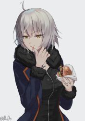 Rule 34 | 1girl, :t, ahoge, black shirt, burger, eating, fate/grand order, fate (series), food, grey background, hair between eyes, holding, holding food, jeanne d&#039;arc (fate), jeanne d&#039;arc alter (fate), jeanne d&#039;arc alter (ver. shinjuku 1999) (fate), official alternate costume, shirt, short hair, signature, silver hair, simple background, solo, upper body, yellow eyes, you06