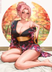 Rule 34 | 1girl, bare legs, barefoot, black kimono, blurry, blurry background, blush, breasts, chloe (sciamano240), cleavage, closed mouth, collarbone, commentary, depth of field, english commentary, flower, forehead, freckles, futon, hair flower, hair ornament, highres, japanese clothes, kimono, large breasts, leaf print, long sleeves, off shoulder, open clothes, open kimono, original, pink flower, pink lips, ponytail, print kimono, purple hair, red eyes, sciamano240, short hair, sidelocks, signature, single bare shoulder, sitting, smile, solo, wide sleeves, yokozuwari