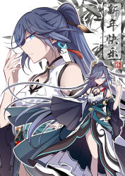 Rule 34 | 1girl, blue eyes, chinese clothes, commentary, commentary request, dress, fei luo mao, fu hua, fu hua (azure empyrea), grey hair, hair over one eye, highres, honkai (series), honkai impact 3rd, jewelry, long hair, looking at viewer, paintbrush, paintbrush hair ornament, ponytail, solo, very long hair