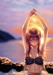 Rule 34 | 1girl, absurdres, arms up, bare arms, blurry, blurry background, blush, closed eyes, closed mouth, cloud, collarbone, highres, lips, long hair, minazumi kasane, original, outdoors, partially submerged, piromizu, scan, sky, solo, sunset, water, water drop, wet