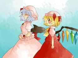 Rule 34 | 2girls, ascot, bad id, bad pixiv id, blonde hair, blouse, bow, brooch, comic, dress, closed eyes, female focus, flandre scarlet, hair bow, hammer (sunset beach), hat, jewelry, large bow, light purple hair, multiple girls, open mouth, red eyes, remilia scarlet, shirt, short hair, siblings, side ponytail, silent comic, sisters, smile, touhou, wings, wrist cuffs