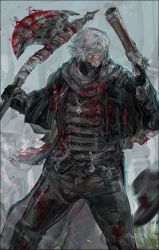 Rule 34 | 1boy, absurdres, axe, bandage on face, bandages, beard, black coat, blood, blood from mouth, blood on clothes, blood on face, bloodborne, blurry, blurry background, cape, cloak, coat, commentary, covered eyes, english commentary, facial hair, father gascoigne, grin, gun, hat, unworn hat, unworn headwear, highres, holding, holding axe, holding gun, holding weapon, jewelry, long coat, male focus, necklace, nslacka, pendant, scarf, short hair, smile, solo, teeth, torn cape, torn clothes, weapon, white hair